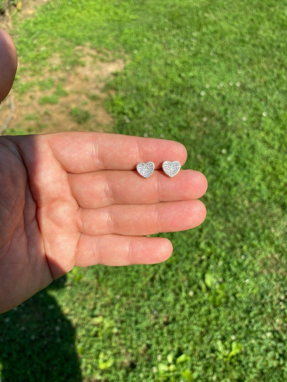 HarlemBling 14k Gold and Real 925 Silver Heart Shaped Earrings Studs Iced Ladies Girls Aretes