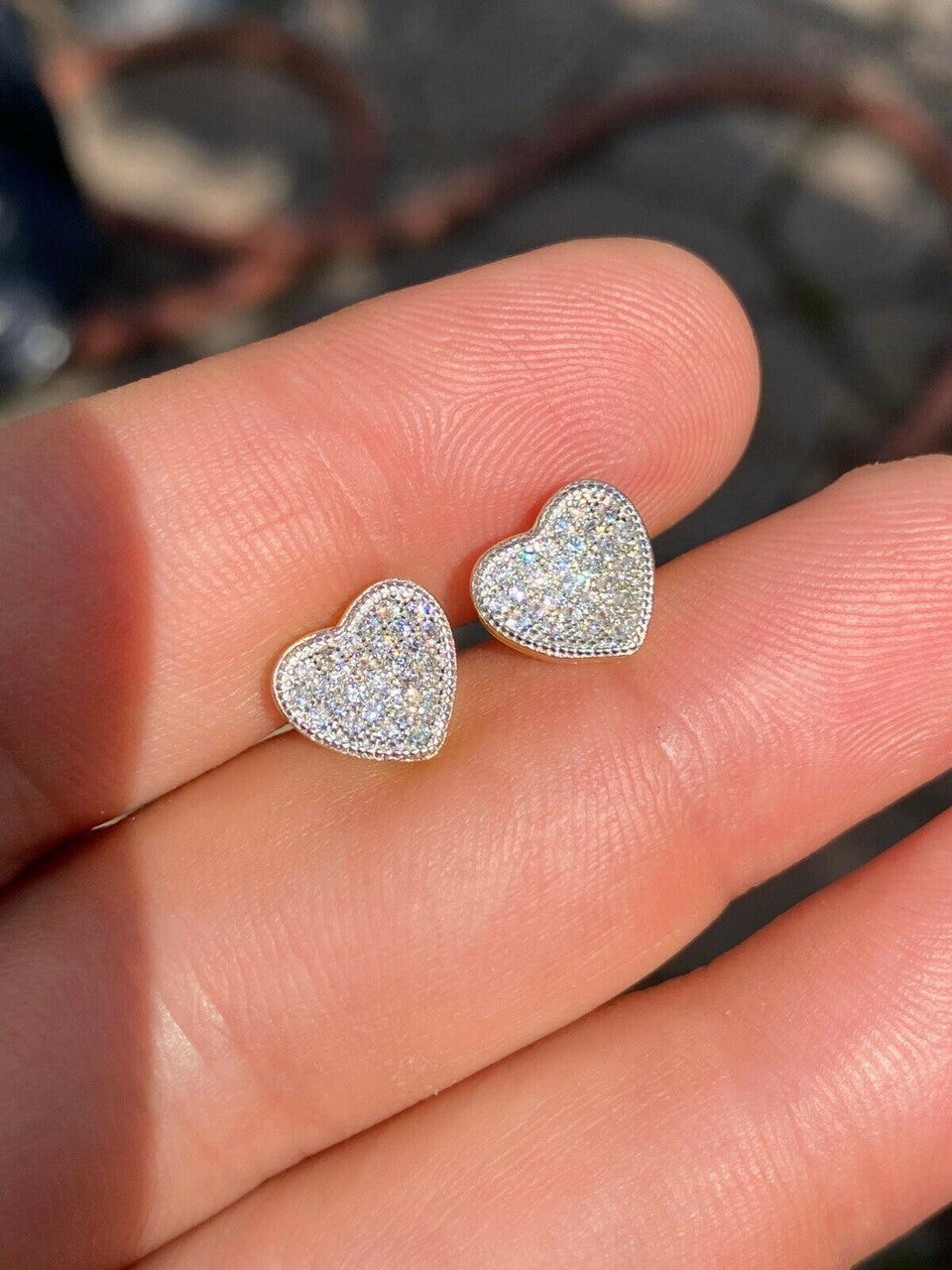HarlemBling 14k Gold and Real 925 Silver Heart Shaped Earrings Studs Iced Ladies Girls Aretes