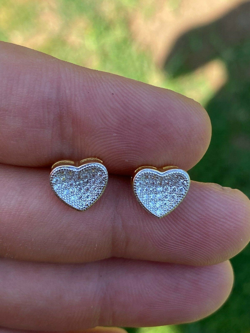 HarlemBling 14k Gold and Real 925 Silver Heart Shaped Earrings Studs Iced Ladies Girls Aretes
