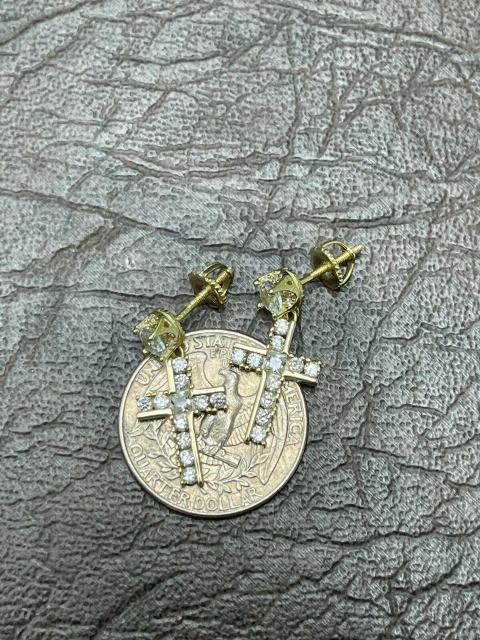 HarlemBling 14k Gold and Real 925 Silver Iced Cross Dangle Drop Earrings Diamond Studs Hip Hop