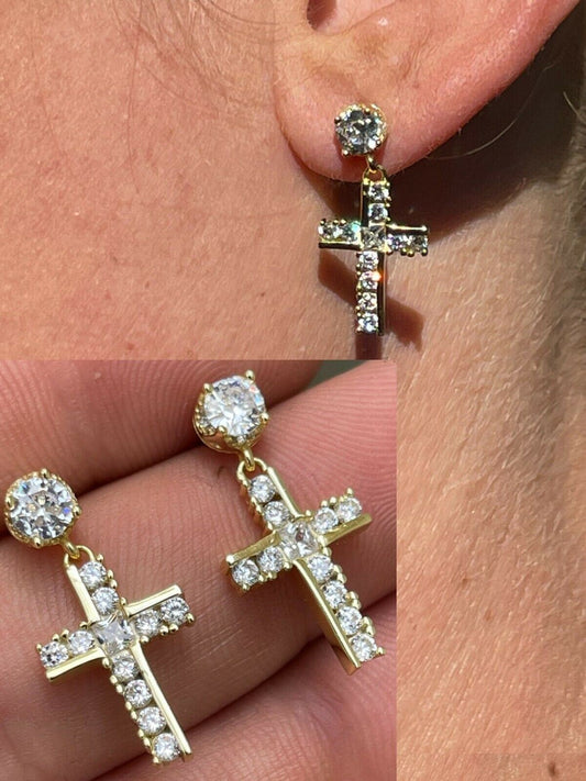 HarlemBling 14k Gold and Real 925 Silver Iced Cross Dangle Drop Earrings Diamond Studs Hip Hop