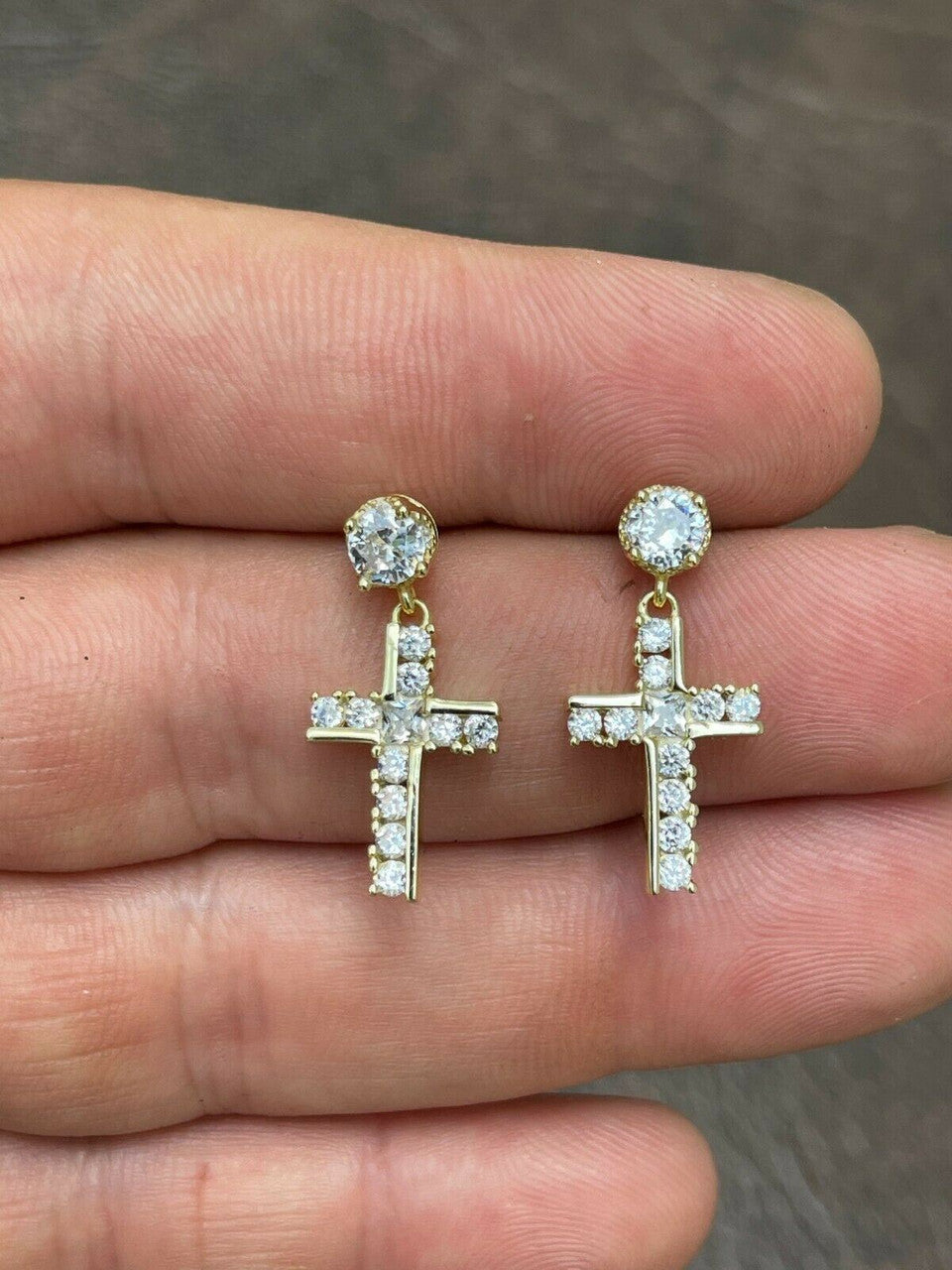 HarlemBling 14k Gold and Real 925 Silver Iced Cross Dangle Drop Earrings Diamond Studs Hip Hop