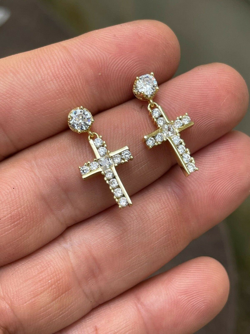 HarlemBling 14k Gold and Real 925 Silver Iced Cross Dangle Drop Earrings Diamond Studs Hip Hop