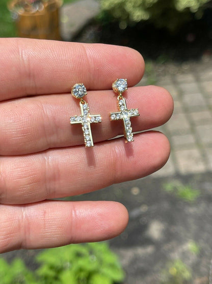HarlemBling 14k Gold and Real 925 Silver Iced Cross Dangle Drop Earrings Diamond Studs Hip Hop
