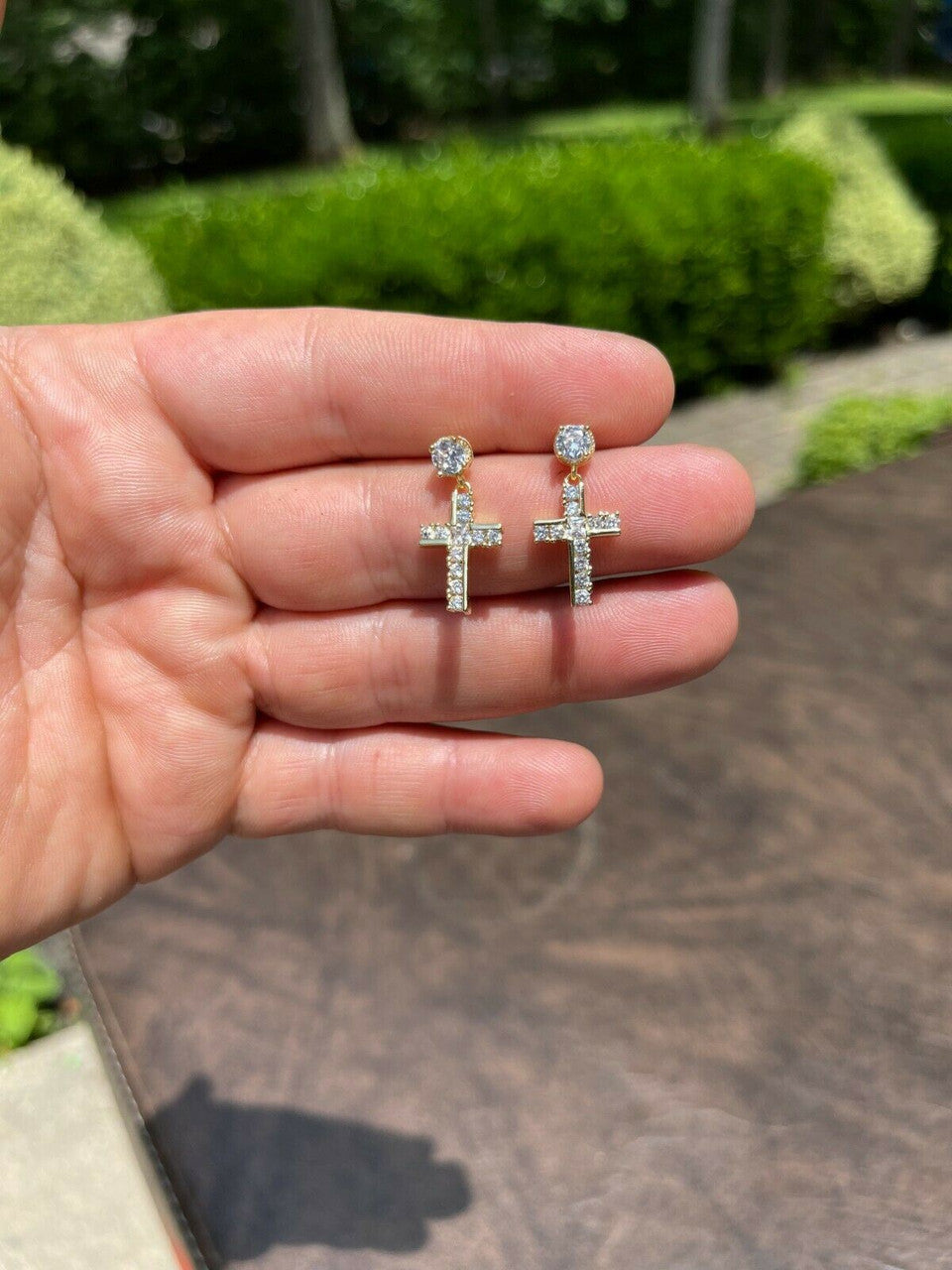 HarlemBling 14k Gold and Real 925 Silver Iced Cross Dangle Drop Earrings Diamond Studs Hip Hop