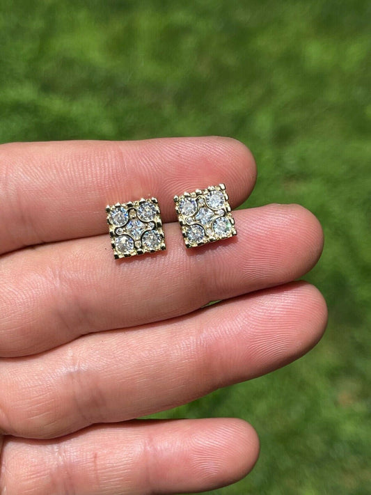 HarlemBling 14K Gold and Real 925 Silver Iced Large Out CZ HipHop Earrings Square Nugget Studs