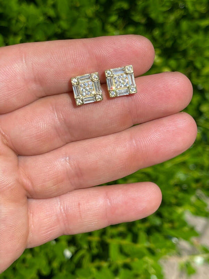 HarlemBling 14K Gold and Real 925 Silver Square Iced Baguette Diamond Hip Hop Earrings Studs