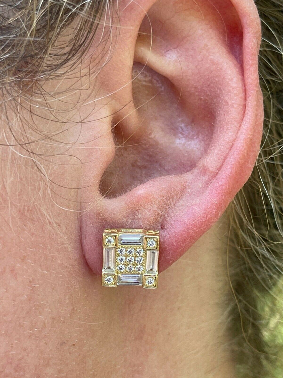 HarlemBling 14K Gold and Real 925 Silver Square Iced Baguette Diamond Hip Hop Earrings Studs