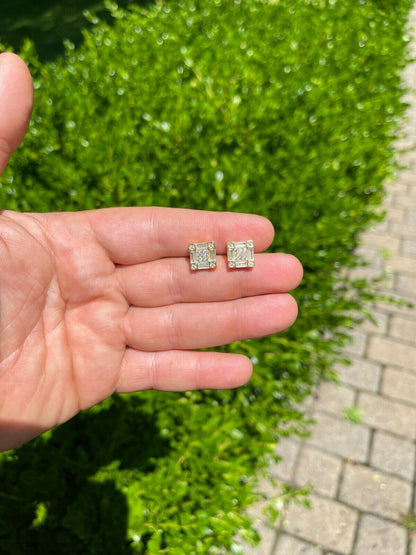 HarlemBling 14K Gold and Real 925 Silver Square Iced Baguette Diamond Hip Hop Earrings Studs