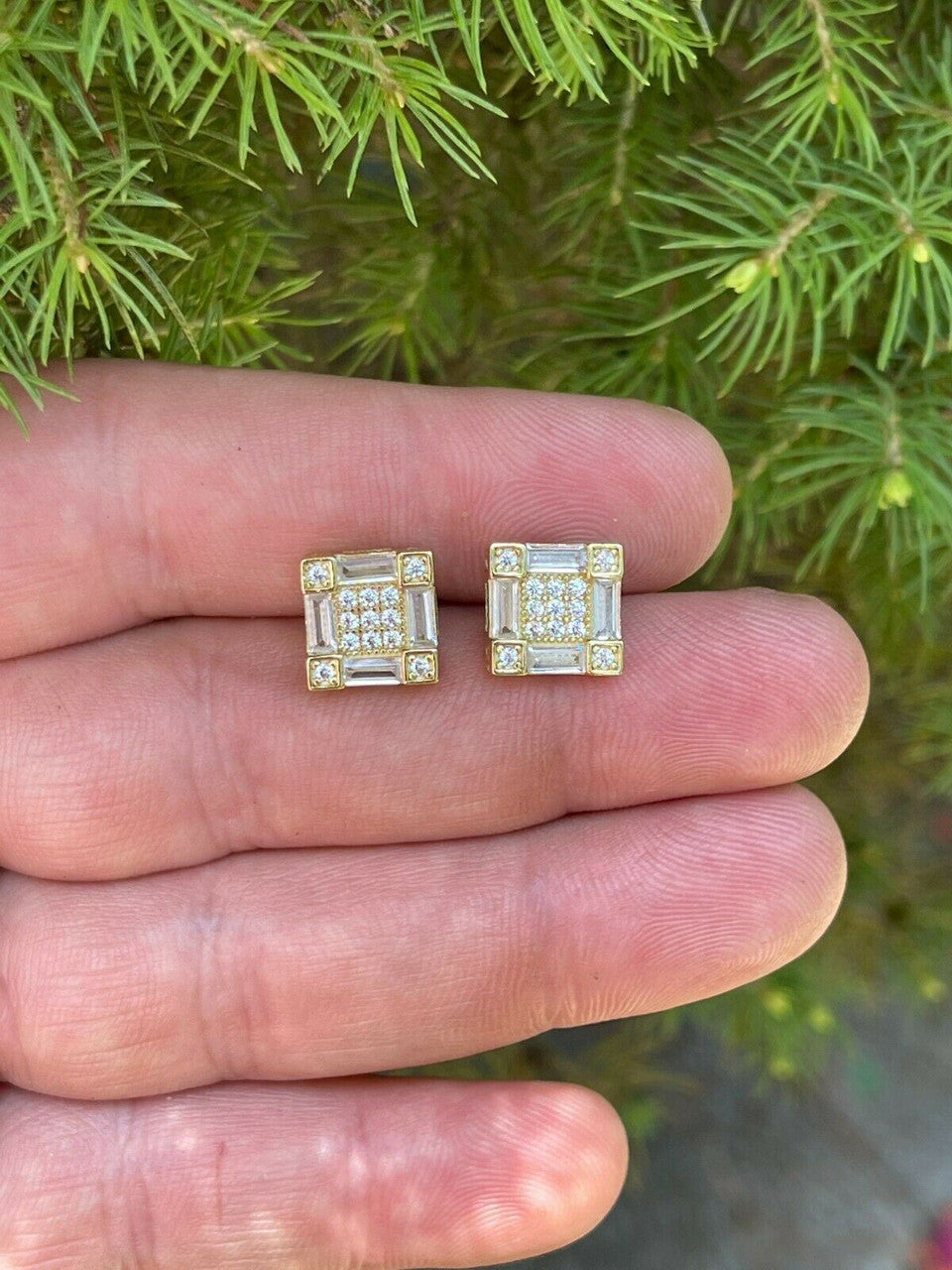HarlemBling 14K Gold and Real 925 Silver Square Iced Baguette Diamond Hip Hop Earrings Studs