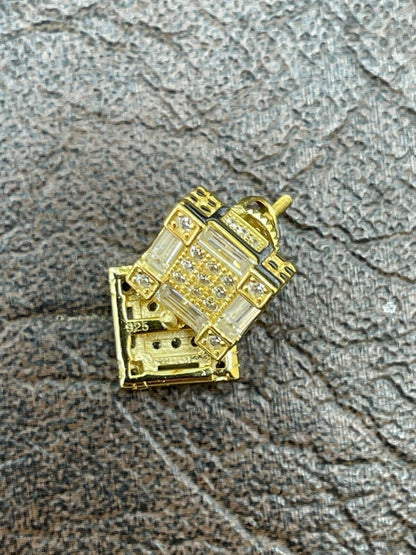 HarlemBling 14K Gold and Real 925 Silver Square Iced Baguette Diamond Hip Hop Earrings Studs