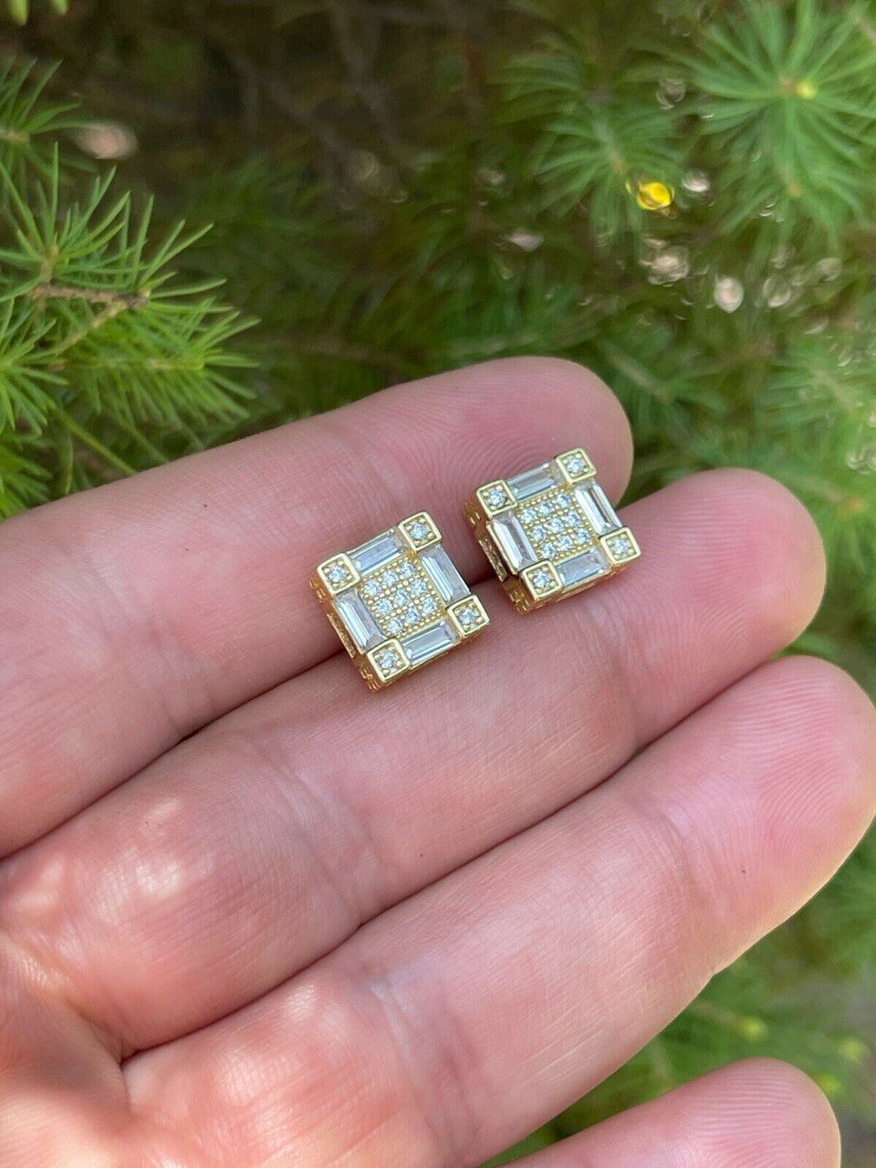 HarlemBling 14K Gold and Real 925 Silver Square Iced Baguette Diamond Hip Hop Earrings Studs