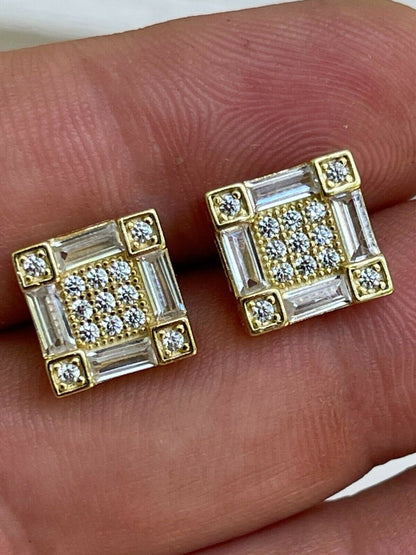 HarlemBling 14K Gold and Real 925 Silver Square Iced Baguette Diamond Hip Hop Earrings Studs