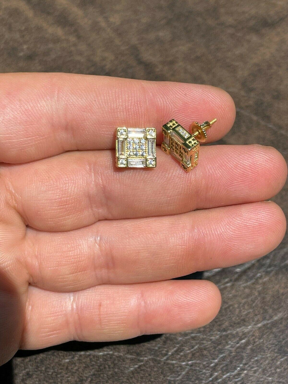 HarlemBling 14K Gold and Real 925 Silver Square Iced Baguette Diamond Hip Hop Earrings Studs