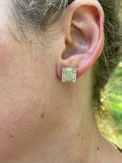 HarlemBling 14K Gold and Real 925 Silver Square Iced Baguette Diamond Hip Hop Earrings Studs