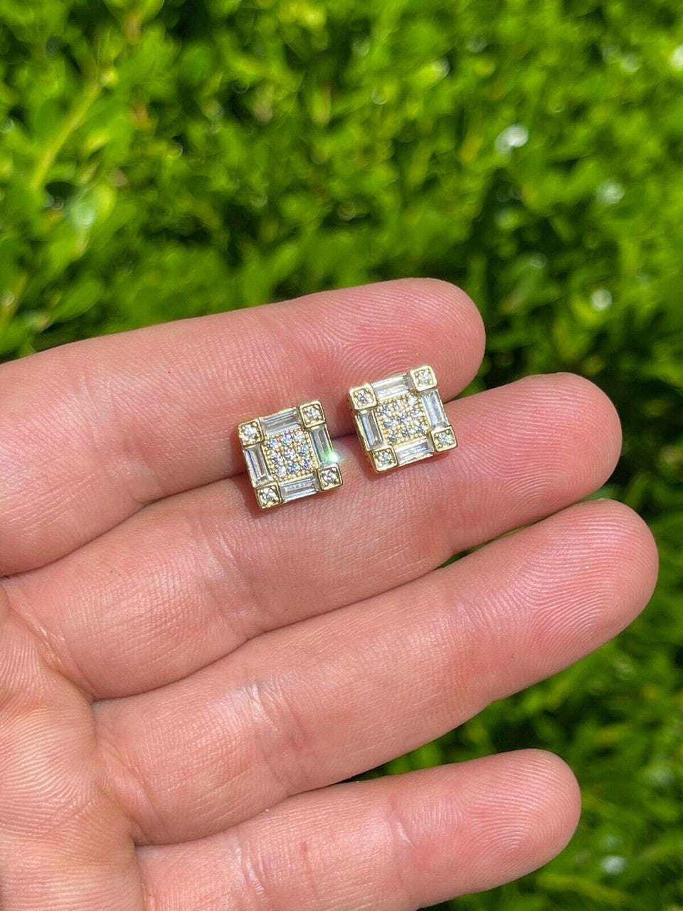 HarlemBling 14K Gold and Real 925 Silver Square Iced Baguette Diamond Hip Hop Earrings Studs