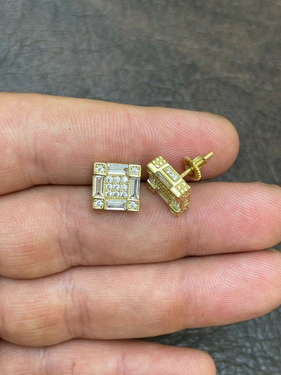 HarlemBling 14K Gold and Real 925 Silver Square Iced Baguette Diamond Hip Hop Earrings Studs