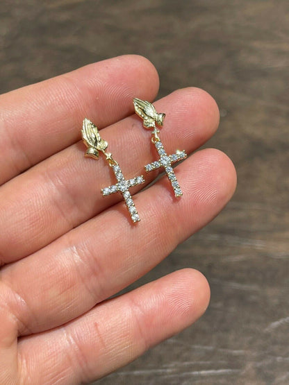 HarlemBling 14k Gold and Real 925 Sterling Silver Praying Hands W Iced Cross Dangle Earrings