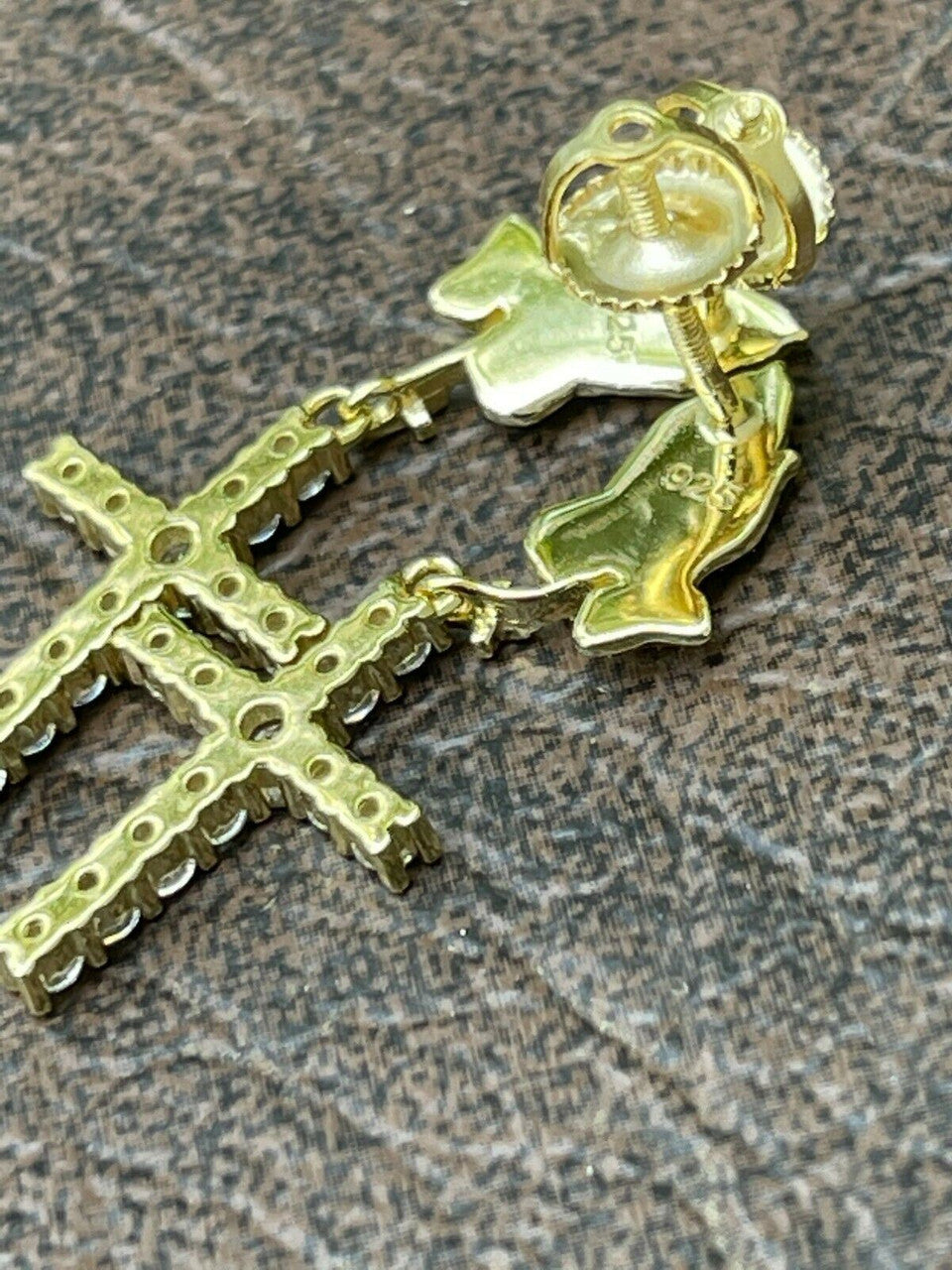 HarlemBling 14k Gold and Real 925 Sterling Silver Praying Hands W Iced Cross Dangle Earrings