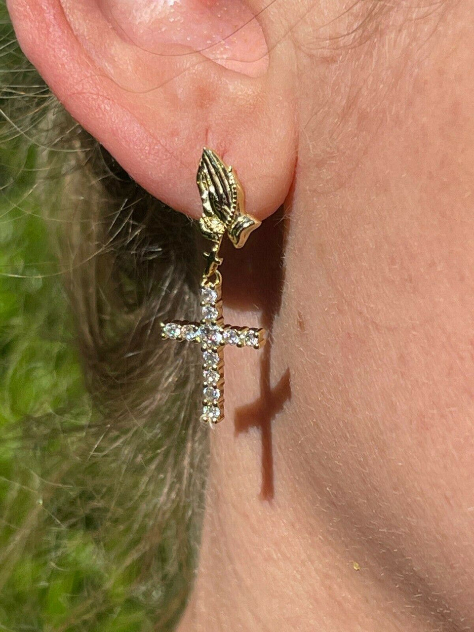 HarlemBling 14k Gold and Real 925 Sterling Silver Praying Hands W Iced Cross Dangle Earrings