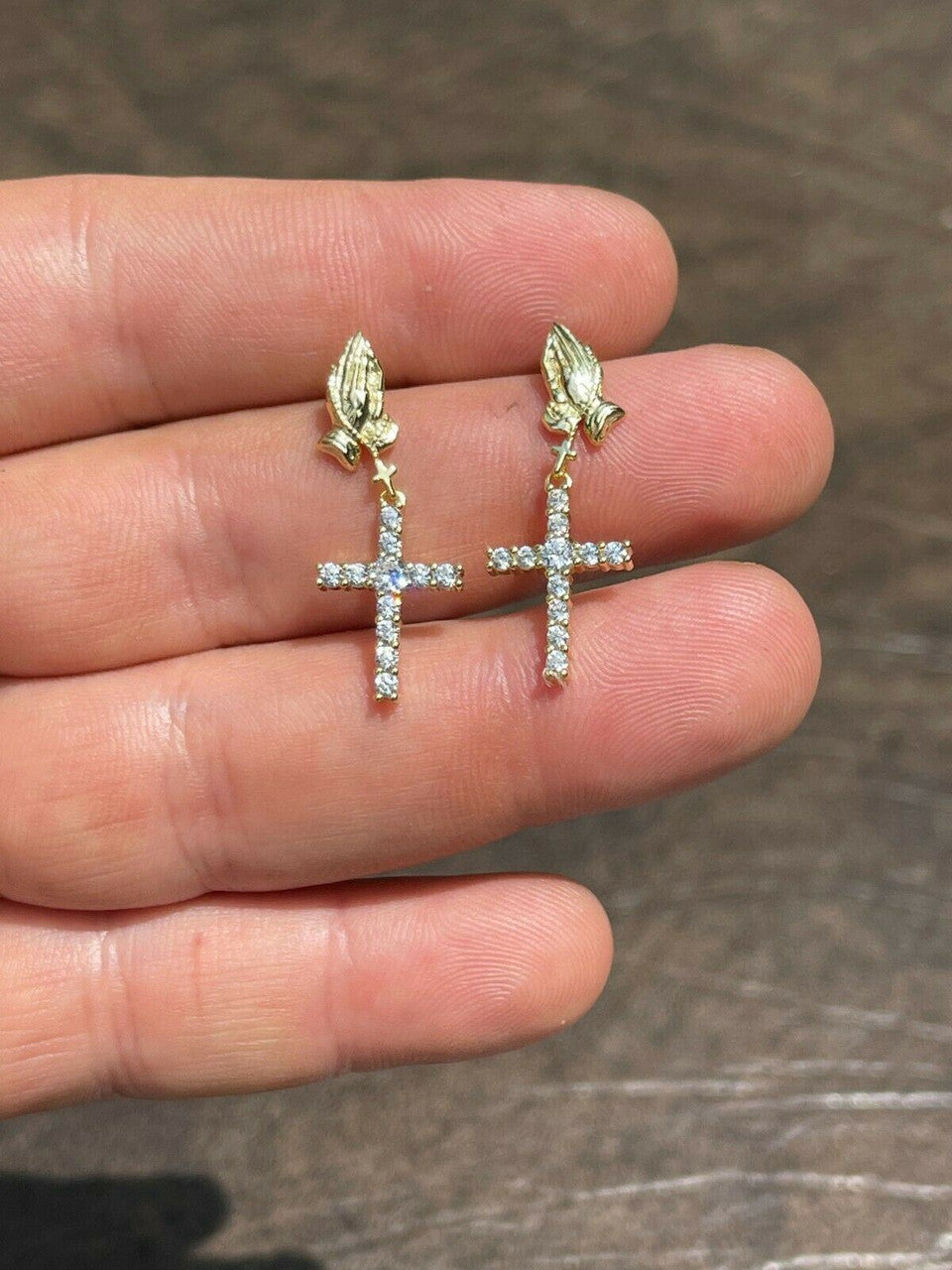 HarlemBling 14k Gold and Real 925 Sterling Silver Praying Hands W Iced Cross Dangle Earrings
