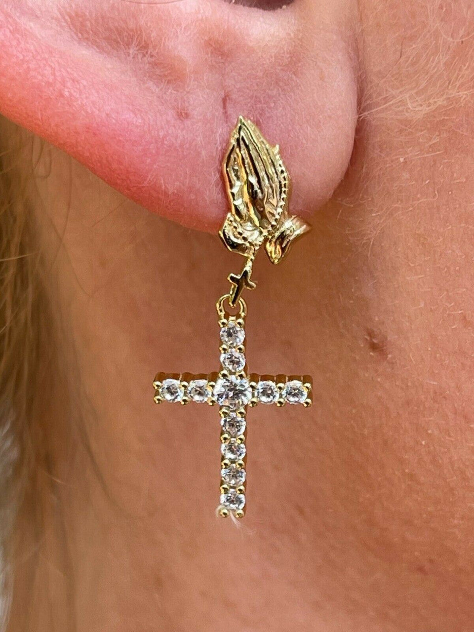 HarlemBling 14k Gold and Real 925 Sterling Silver Praying Hands W Iced Cross Dangle Earrings