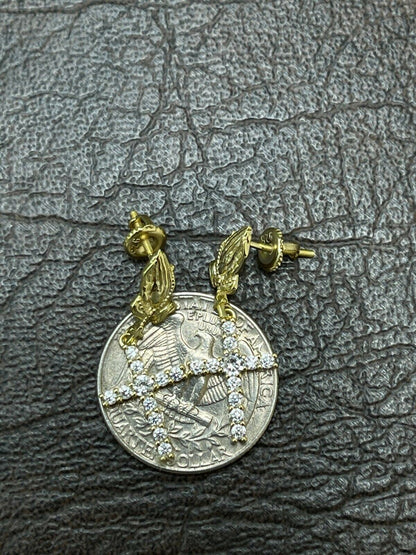 HarlemBling 14k Gold and Real 925 Sterling Silver Praying Hands W Iced Cross Dangle Earrings