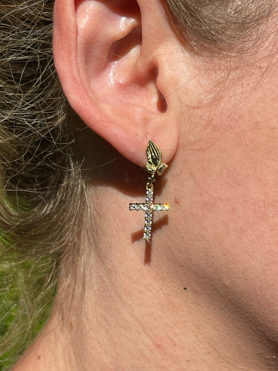 HarlemBling 14k Gold and Real 925 Sterling Silver Praying Hands W Iced Cross Dangle Earrings