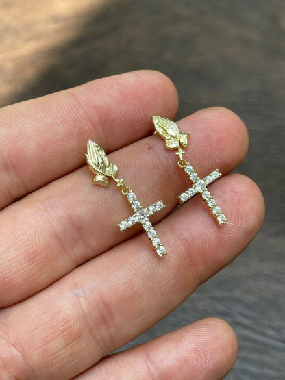 HarlemBling 14k Gold and Real 925 Sterling Silver Praying Hands W Iced Cross Dangle Earrings