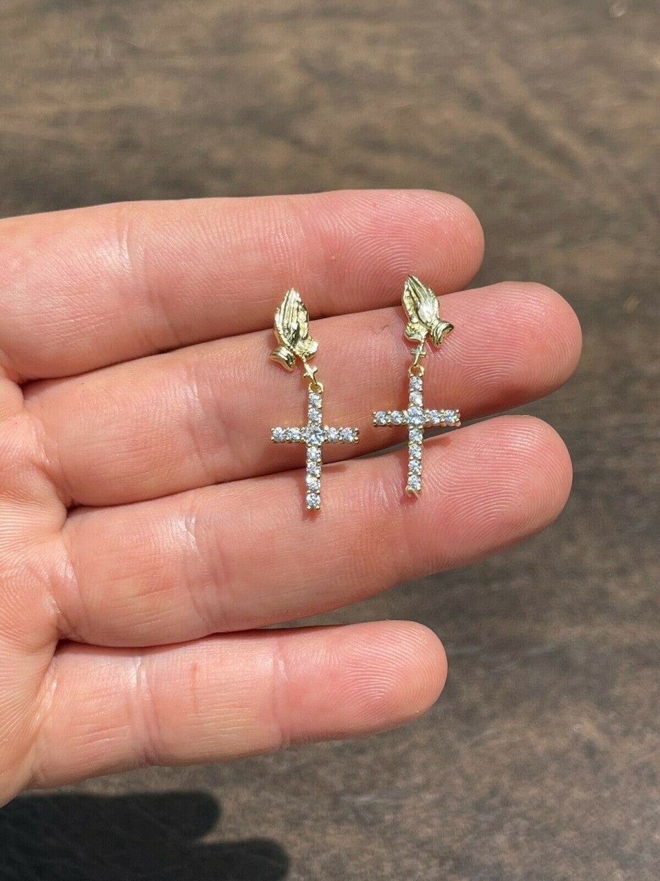 HarlemBling 14k Gold and Real 925 Sterling Silver Praying Hands W Iced Cross Dangle Earrings