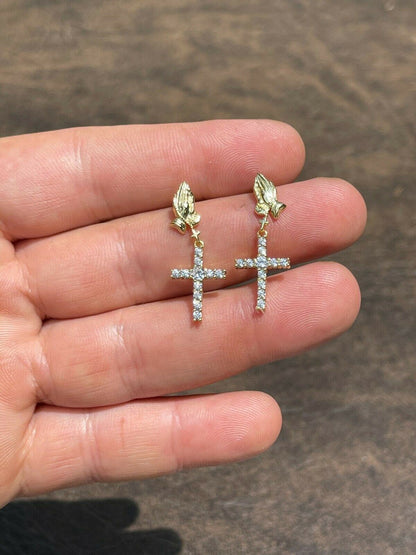 HarlemBling 14k Gold and Real 925 Sterling Silver Praying Hands W Iced Cross Dangle Earrings