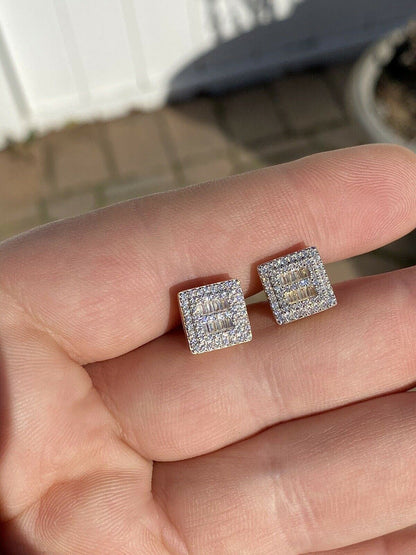 HarlemBling 14k Gold and Solid Sterling Silver Ice Baguette Diamond Earrings Studs 10mm Square