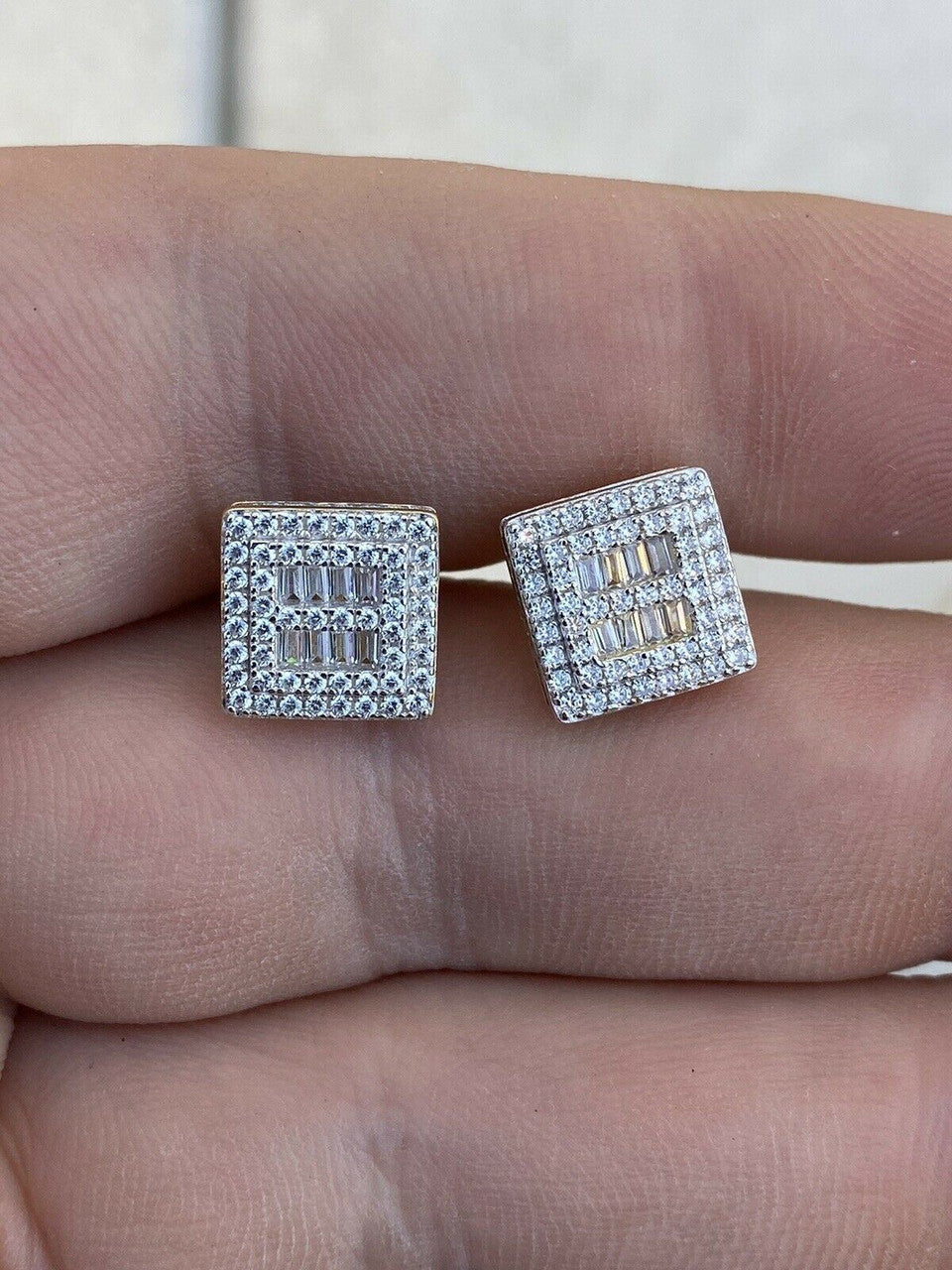 HarlemBling 14k Gold and Solid Sterling Silver Ice Baguette Diamond Earrings Studs 10mm Square