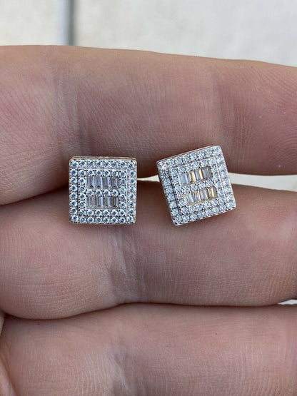 HarlemBling 14k Gold and Solid Sterling Silver Ice Baguette Diamond Earrings Studs 10mm Square