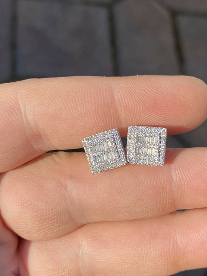 HarlemBling 14k Gold and Solid Sterling Silver Ice Baguette Diamond Earrings Studs 10mm Square