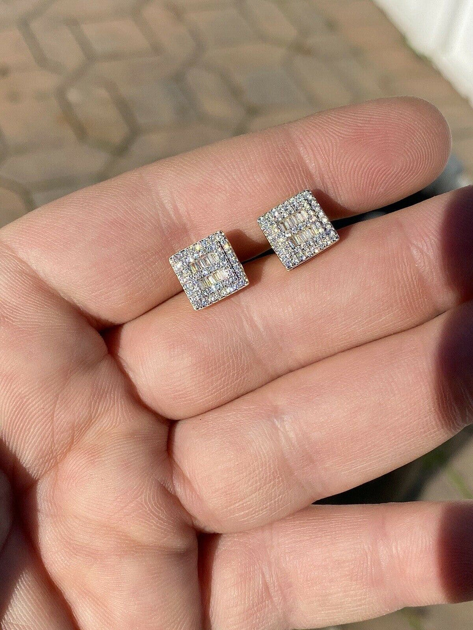 HarlemBling 14k Gold and Solid Sterling Silver Ice Baguette Diamond Earrings Studs 10mm Square