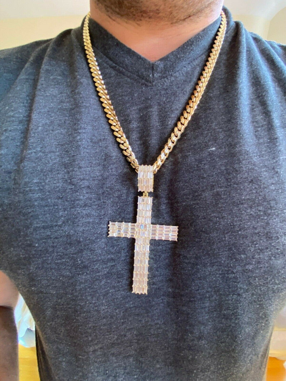 HarlemBling 14k Gold Over 925 Sterling Silver Cross Pendant Baguette Iced Diamond Necklace