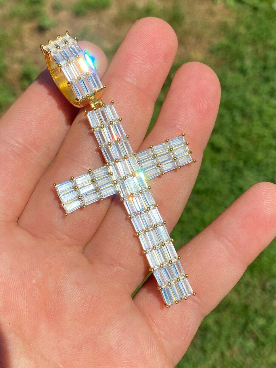 HarlemBling 14k Gold Over 925 Sterling Silver Cross Pendant Baguette Iced Diamond Necklace