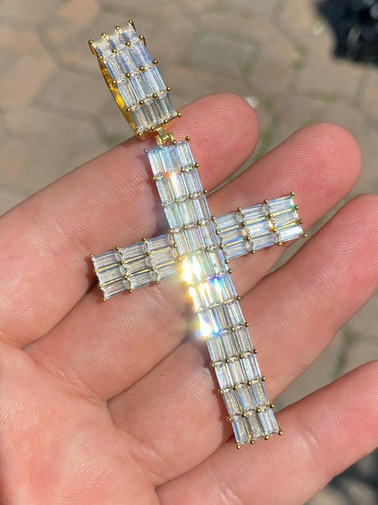 HarlemBling 14k Gold Over 925 Sterling Silver Cross Pendant Baguette Iced Diamond Necklace