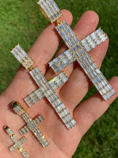 HarlemBling 14k Gold Over 925 Sterling Silver Cross Pendant Baguette Iced Diamond Necklace