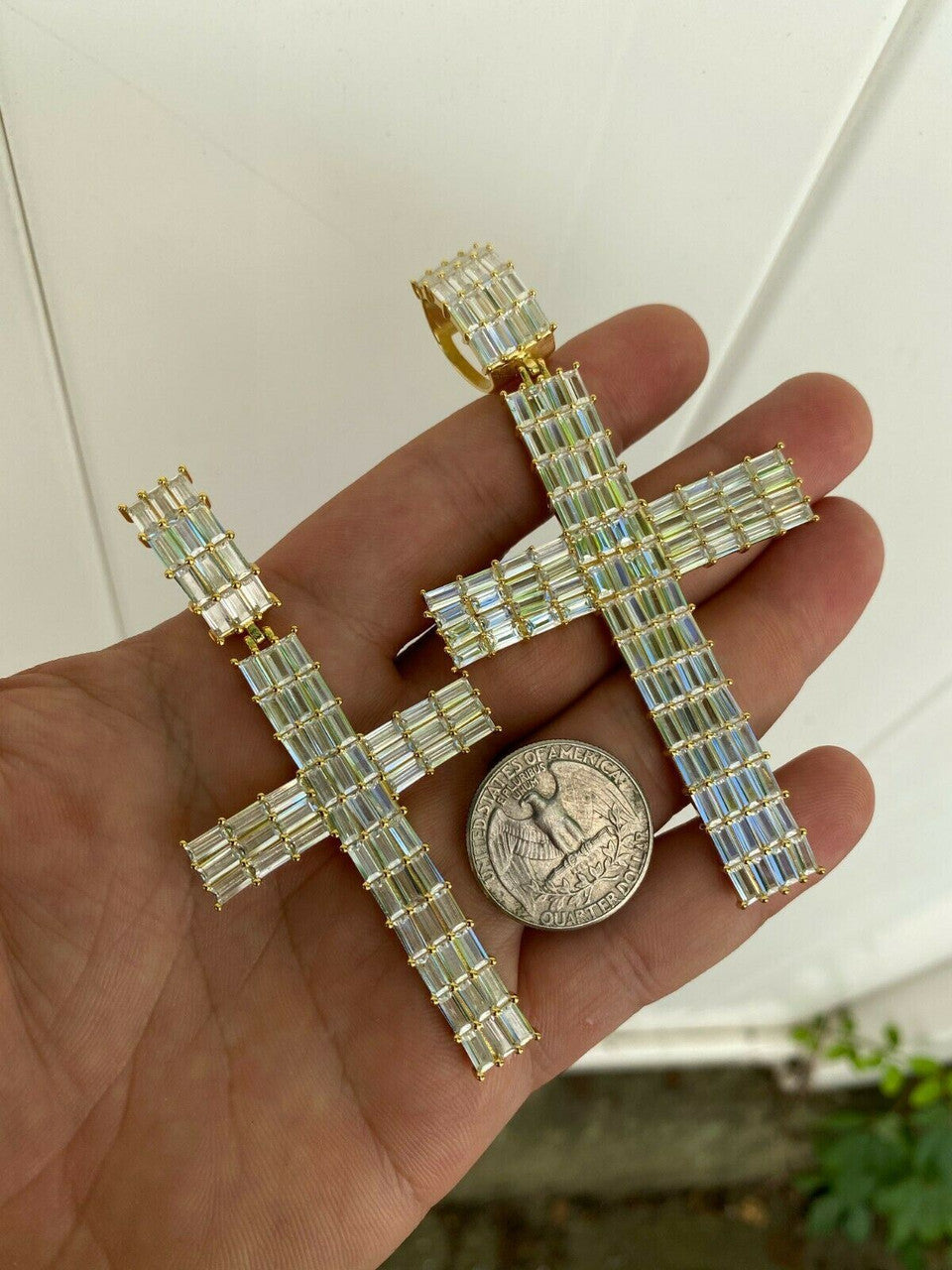 HarlemBling 14k Gold Over 925 Sterling Silver Cross Pendant Baguette Iced Diamond Necklace