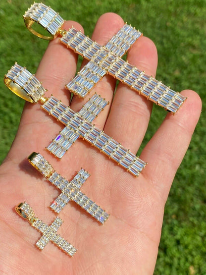 HarlemBling 14k Gold Over 925 Sterling Silver Cross Pendant Baguette Iced Diamond Necklace