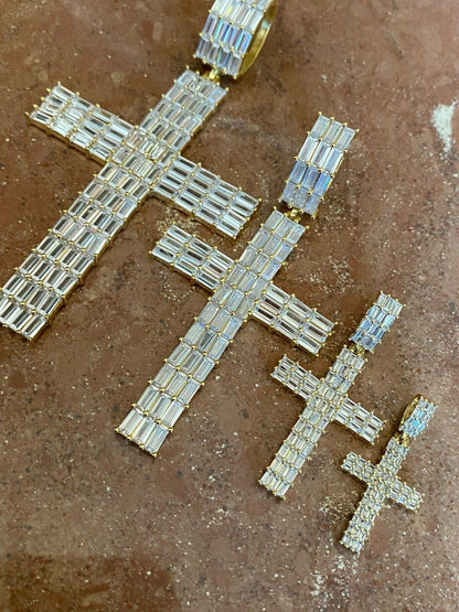 HarlemBling 14k Gold Over 925 Sterling Silver Cross Pendant Baguette Iced Diamond Necklace