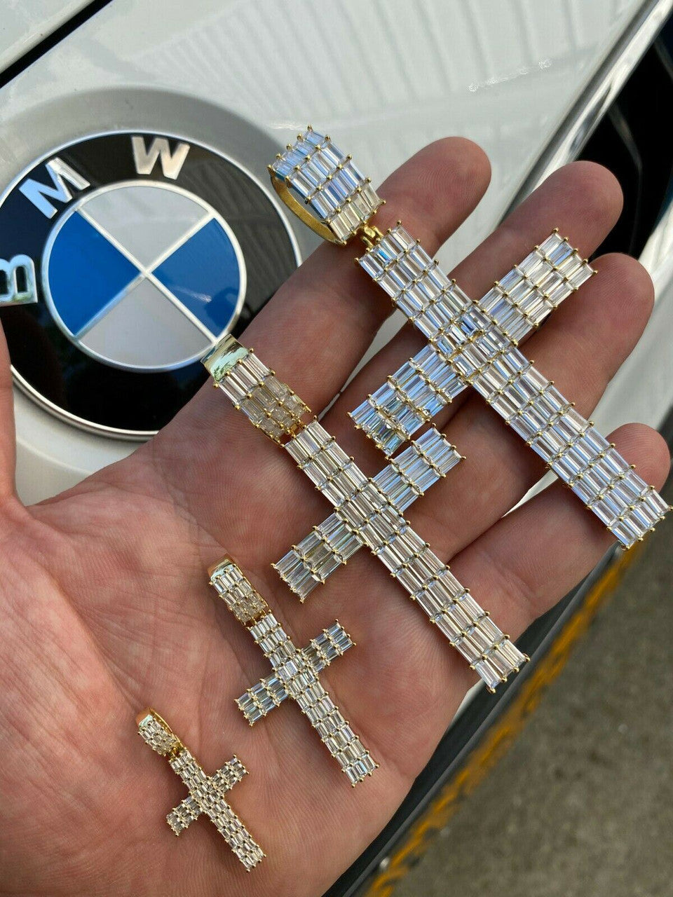 HarlemBling 14k Gold Over 925 Sterling Silver Cross Pendant Baguette Iced Diamond Necklace