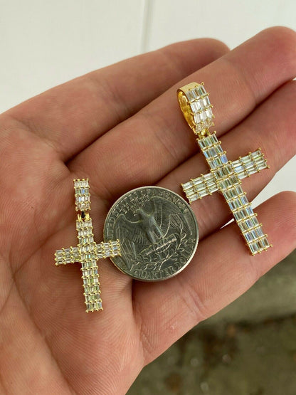 HarlemBling 14k Gold Over 925 Sterling Silver Cross Pendant Baguette Iced Diamond Necklace