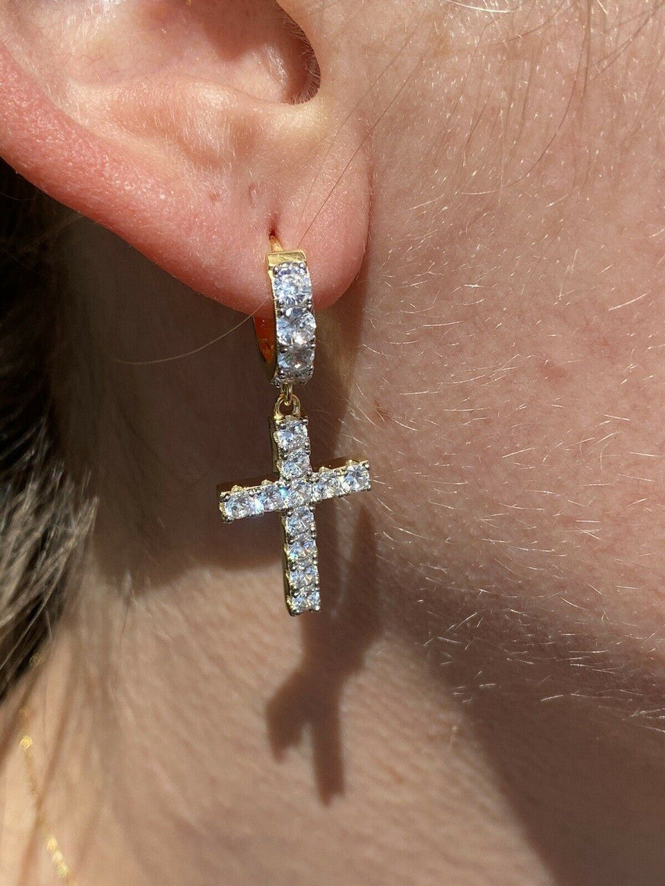 HarlemBling 14k Gold Over 925 Sterling Silver Men Ladies Dangle Cross Hoop Earrings Iced