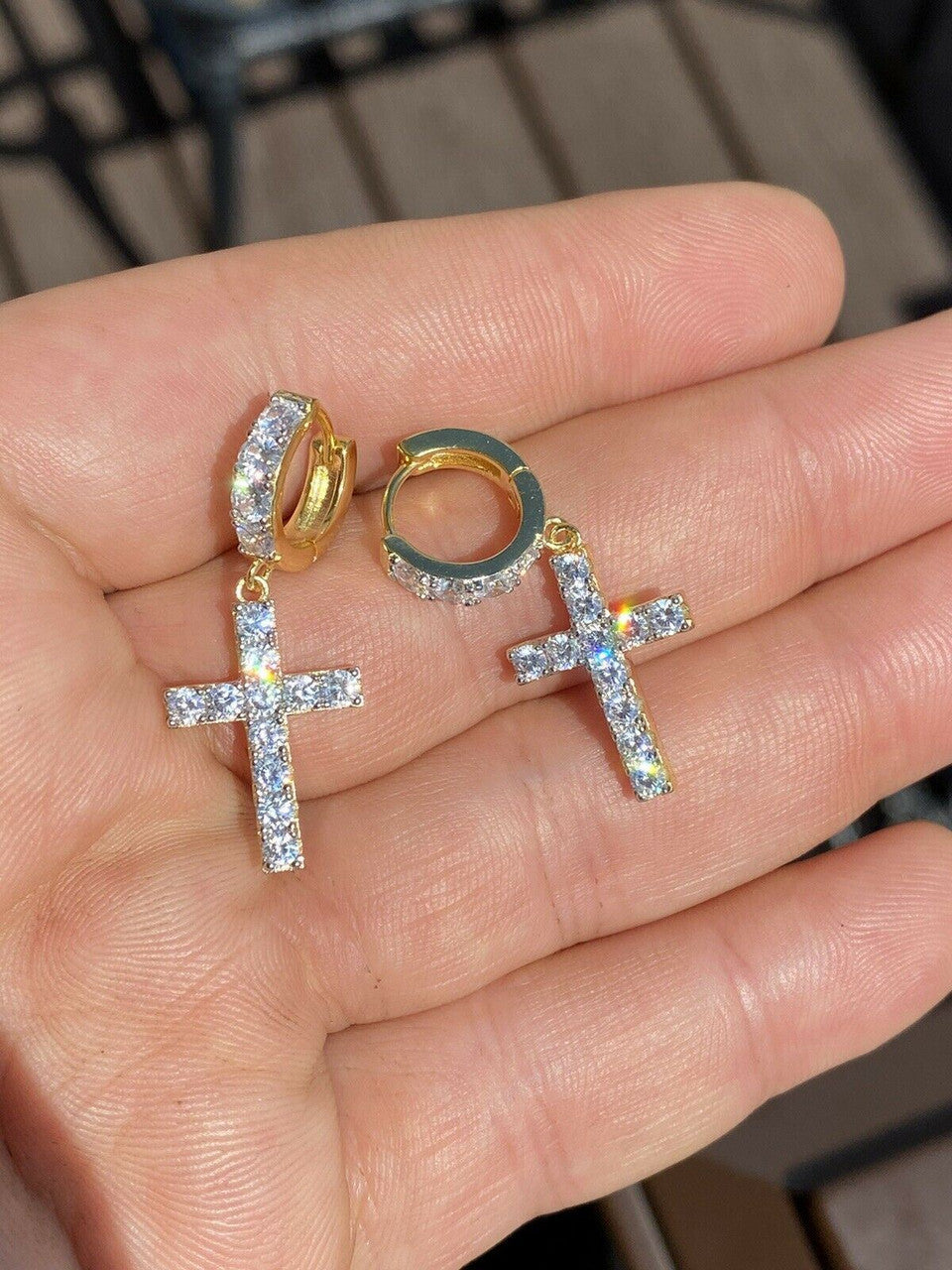 HarlemBling 14k Gold Over 925 Sterling Silver Men Ladies Dangle Cross Hoop Earrings Iced