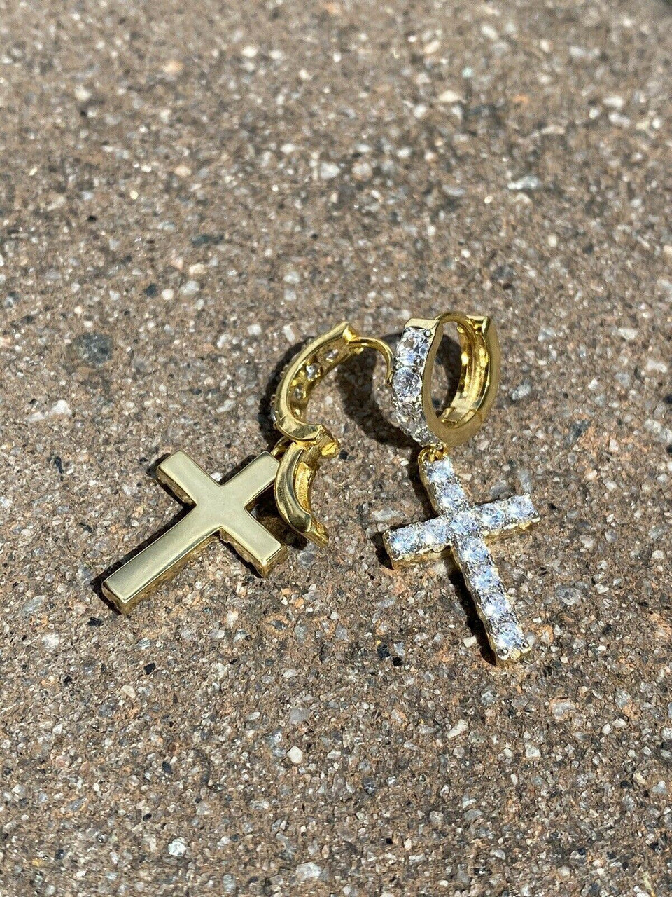 HarlemBling 14k Gold Over 925 Sterling Silver Men Ladies Dangle Cross Hoop Earrings Iced