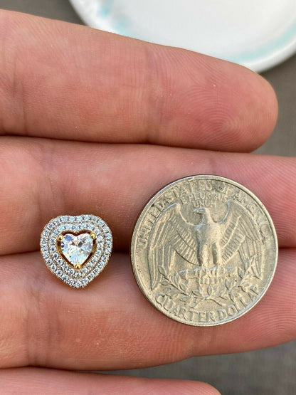 HarlemBling 14k Gold Over Real 925 Silver Heart Shape Earrings Diamond Studs Iced Ladies