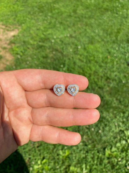 HarlemBling 14k Gold Over Real 925 Silver Heart Shape Earrings Diamond Studs Iced Ladies